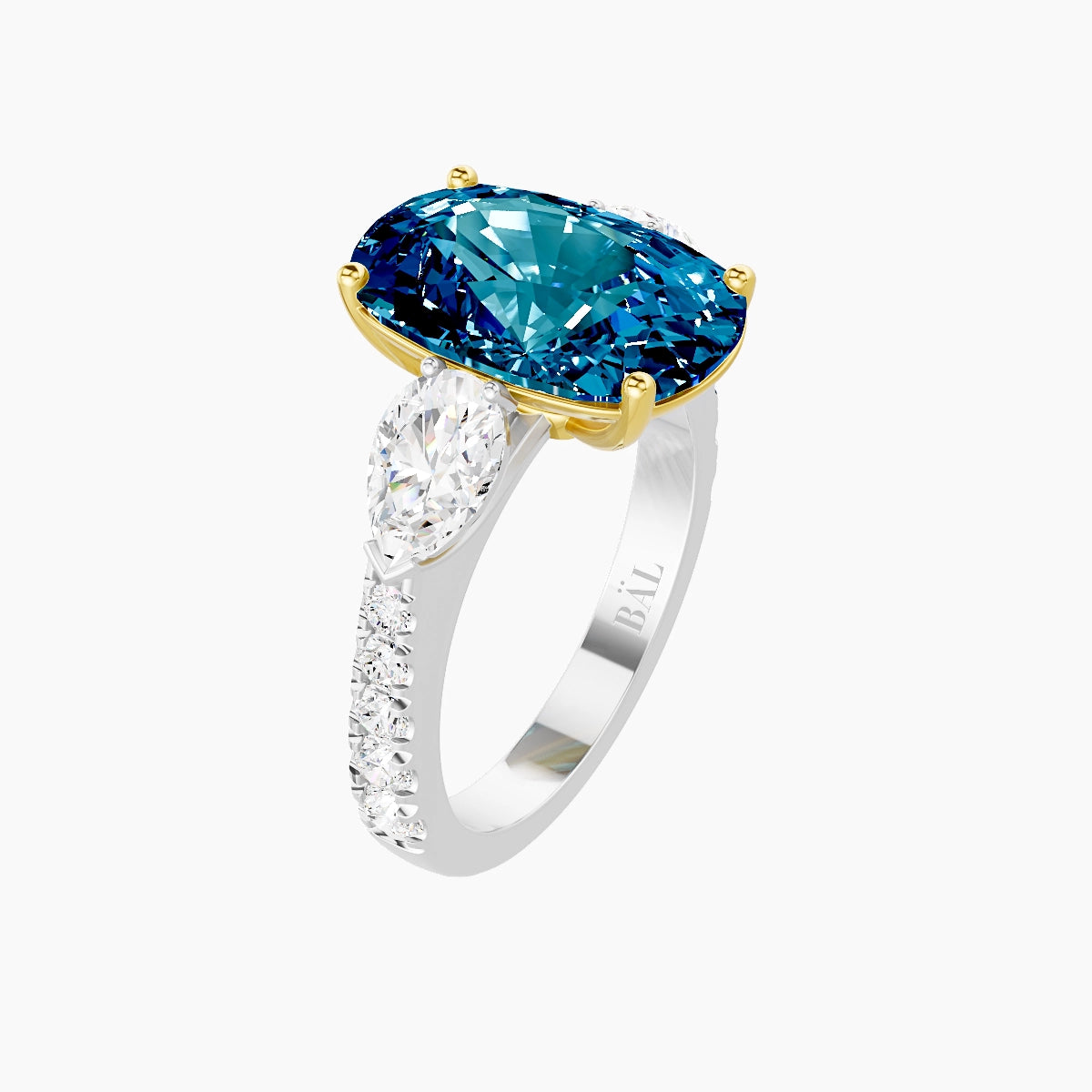 Classic Pear Trilogy with Reverse Shank | 18k White & Yellow Gold 5 ct Cushion Blue Lab Diamond Ring