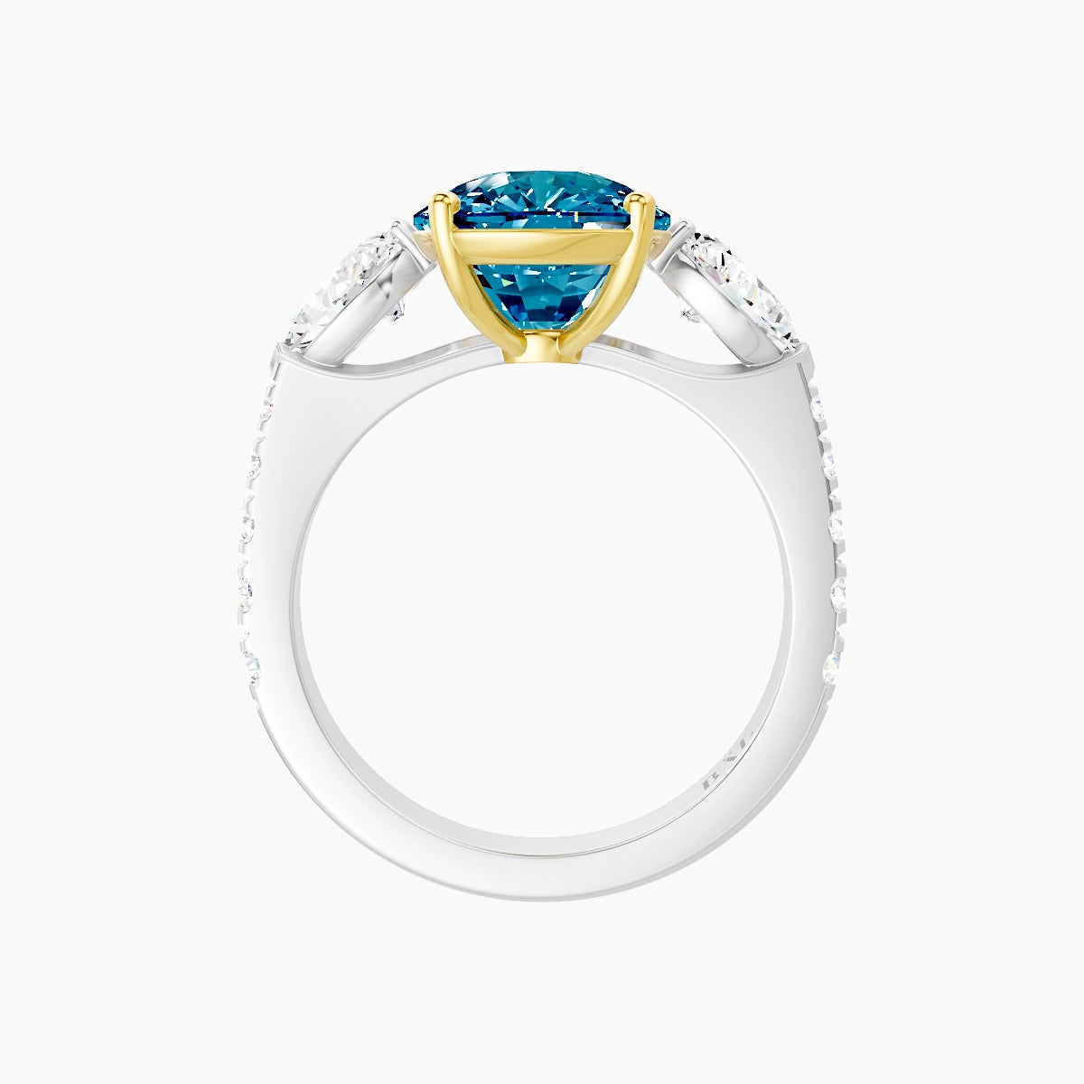 Classic Pear Trilogy with Reverse Shank | 18k White & Yellow Gold 5 ct Cushion Blue Lab Diamond Ring