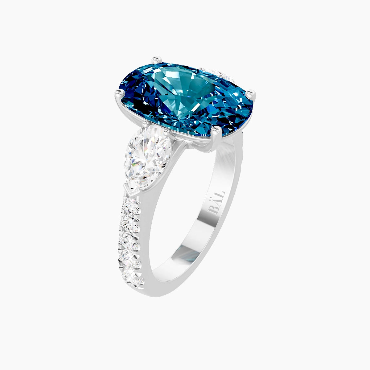 Classic Pear Trilogy with Reverse Shank | 18k White Gold 5 ct Cushion Blue Lab Diamond Ring
