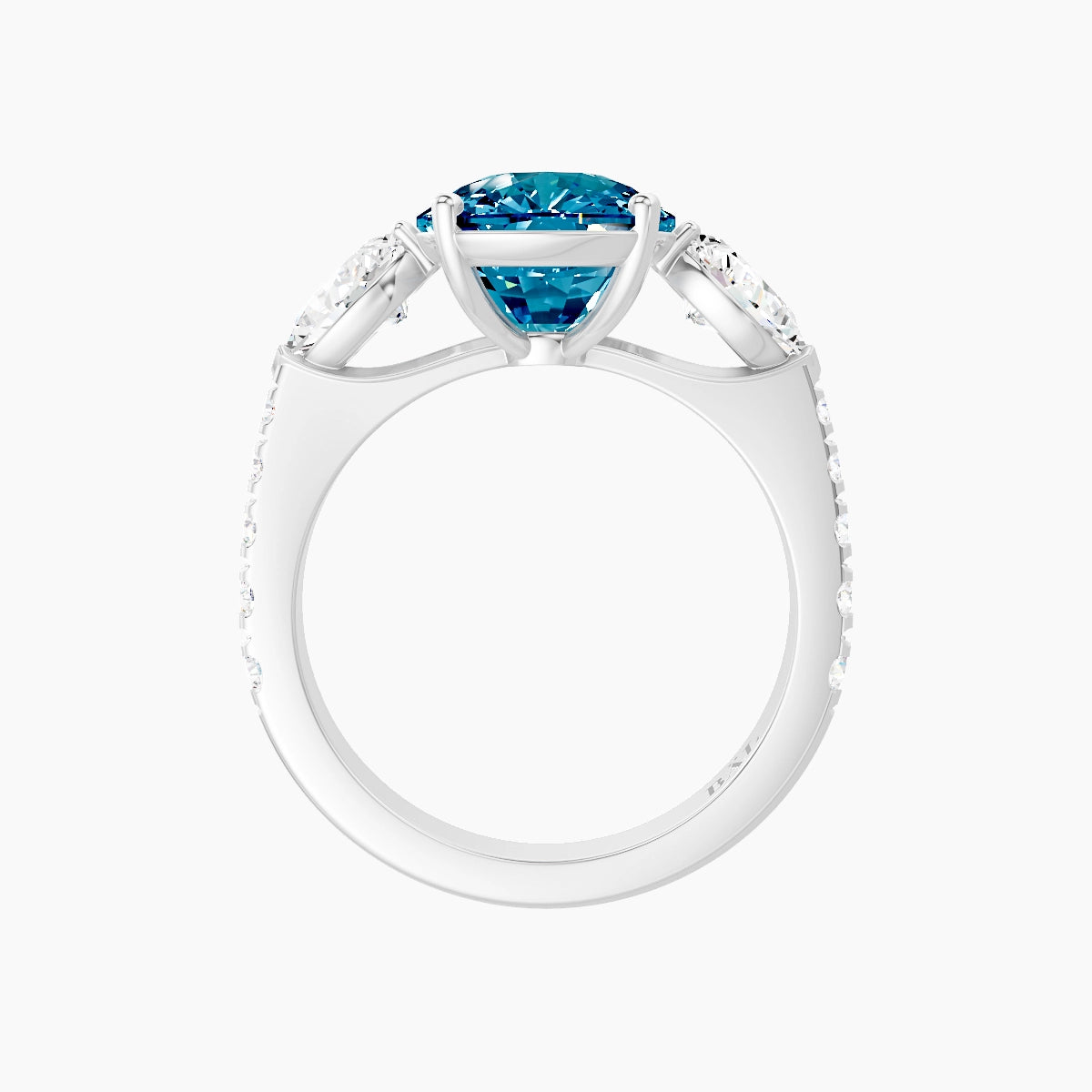 Classic Pear Trilogy with Reverse Shank | 18k White Gold 5 ct Cushion Blue Lab Diamond Ring