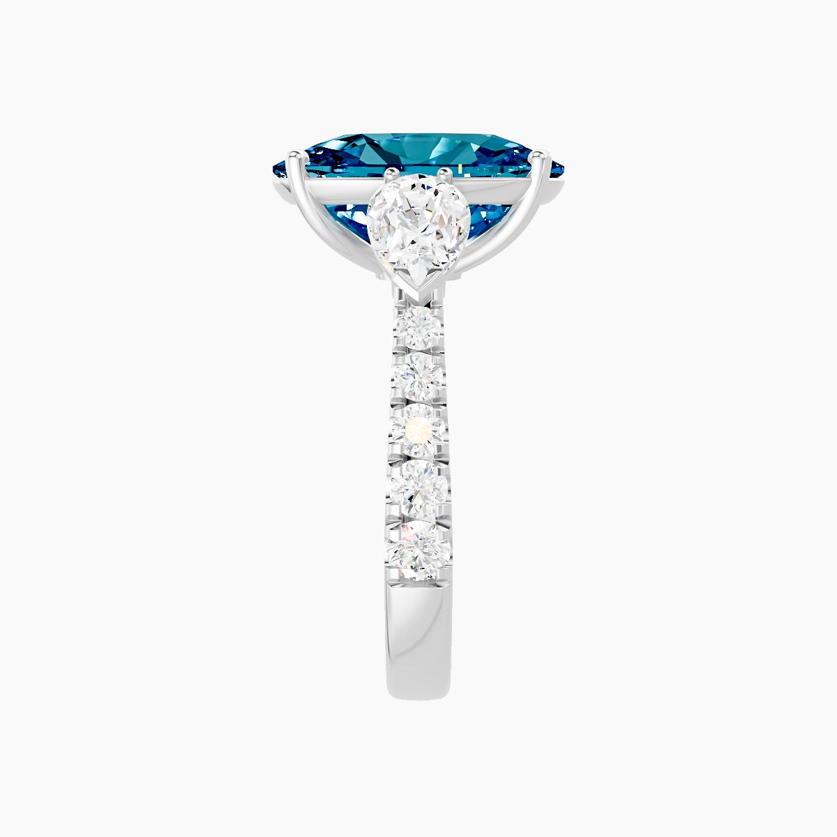 Classic Pear Trilogy with Reverse Shank | 18k White Gold 5 ct Cushion Blue Lab Diamond Ring