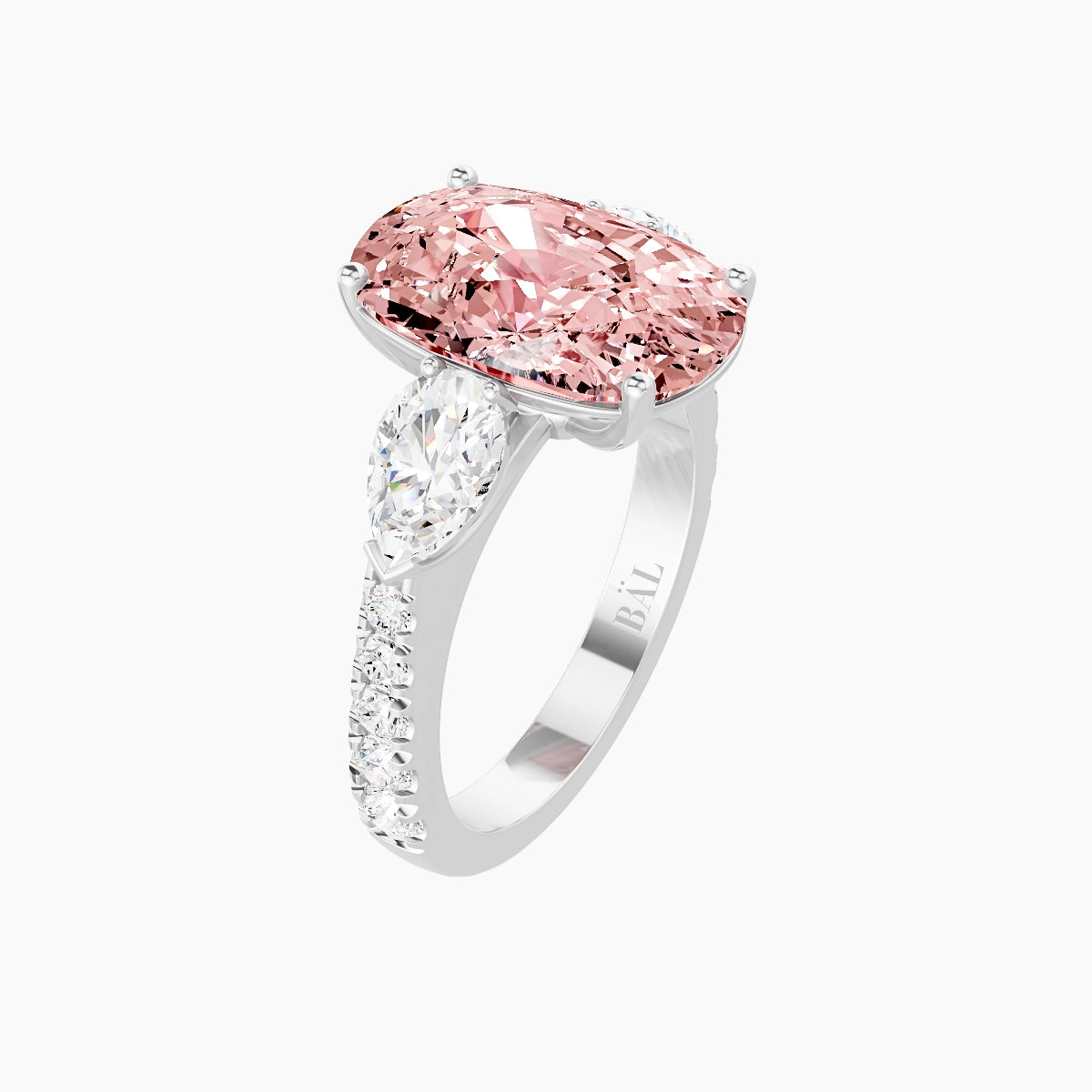 Classic Pear Trilogy with Reverse Shank | 18k White Gold 5 ct Cushion Pink Lab Diamond Ring