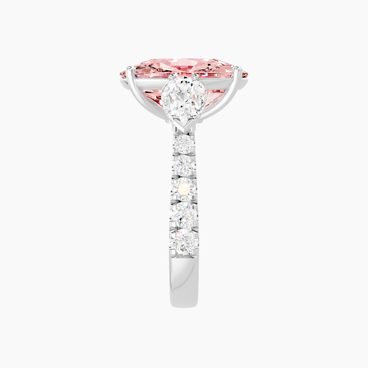 Classic Pear Trilogy with Reverse Shank | 18k White Gold 5 ct Cushion Pink Lab Diamond Ring