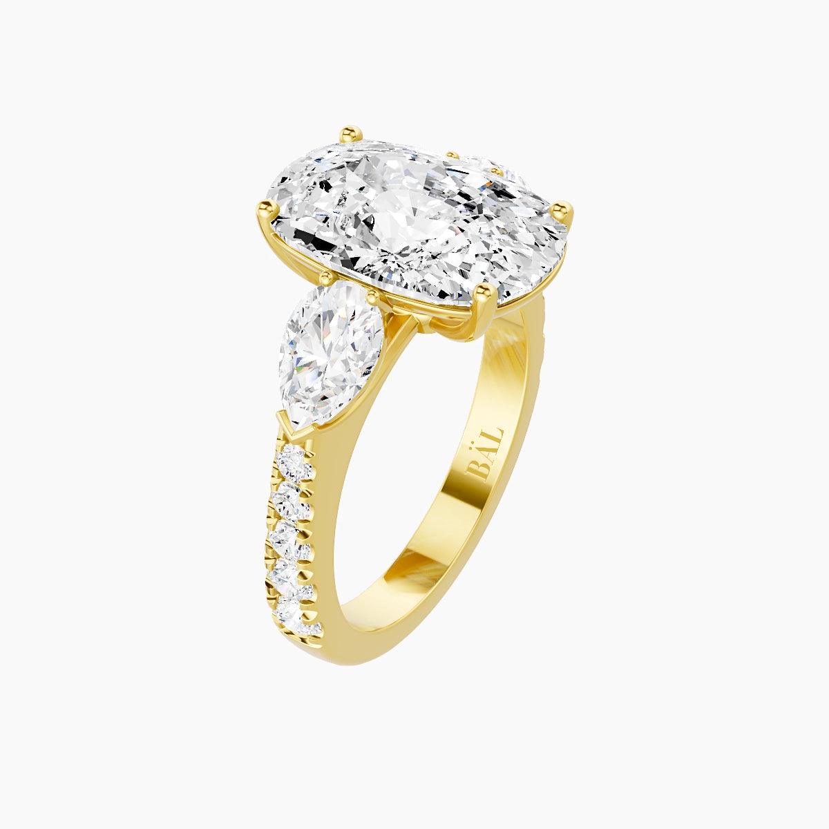 Classic Pear Trilogy with Reverse Shank | 18k Yellow Gold 5 ct Cushion White Lab Diamond Ring