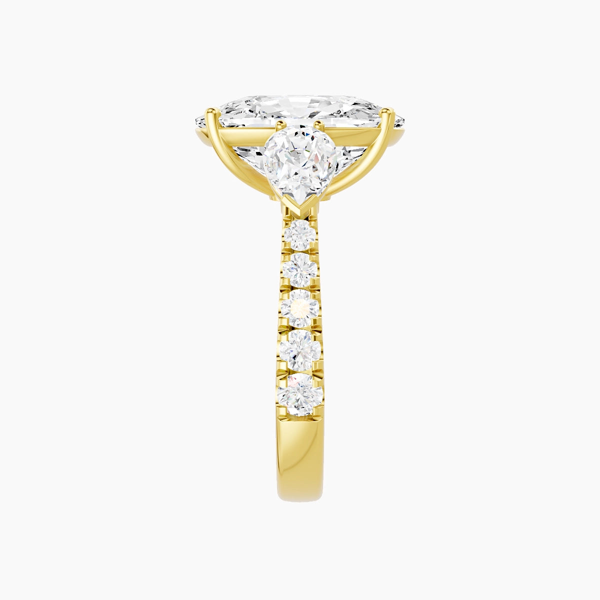 Classic Pear Trilogy with Reverse Shank | 18k Yellow Gold 5 ct Cushion White Lab Diamond Ring