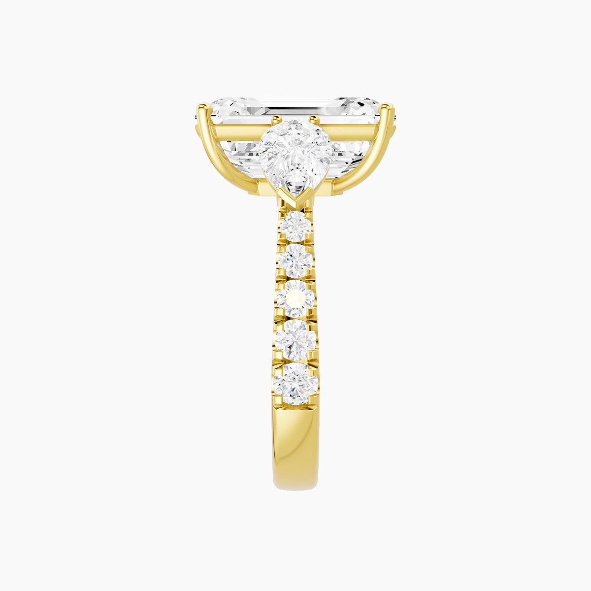 Classic Pear Trilogy with Reverse Shank | 18k Yellow Gold 5 ct Emerald White Lab Diamond Ring