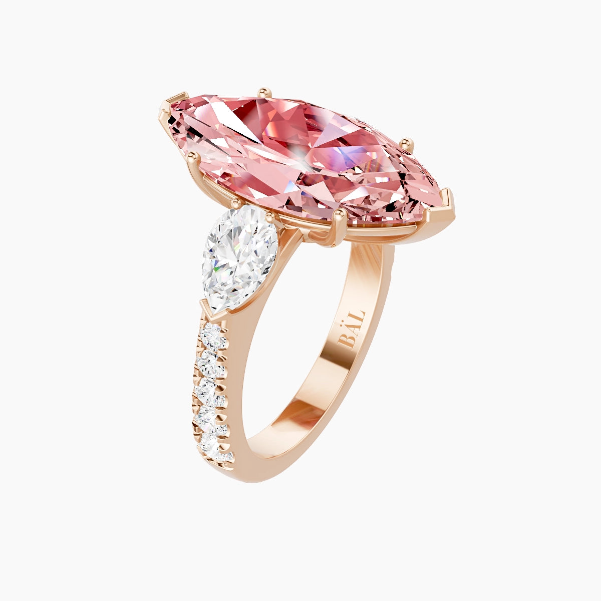 Classic Pear Trilogy with Reverse Shank | 18k Rose Gold 5 ct Marquise Pink Lab Diamond Ring