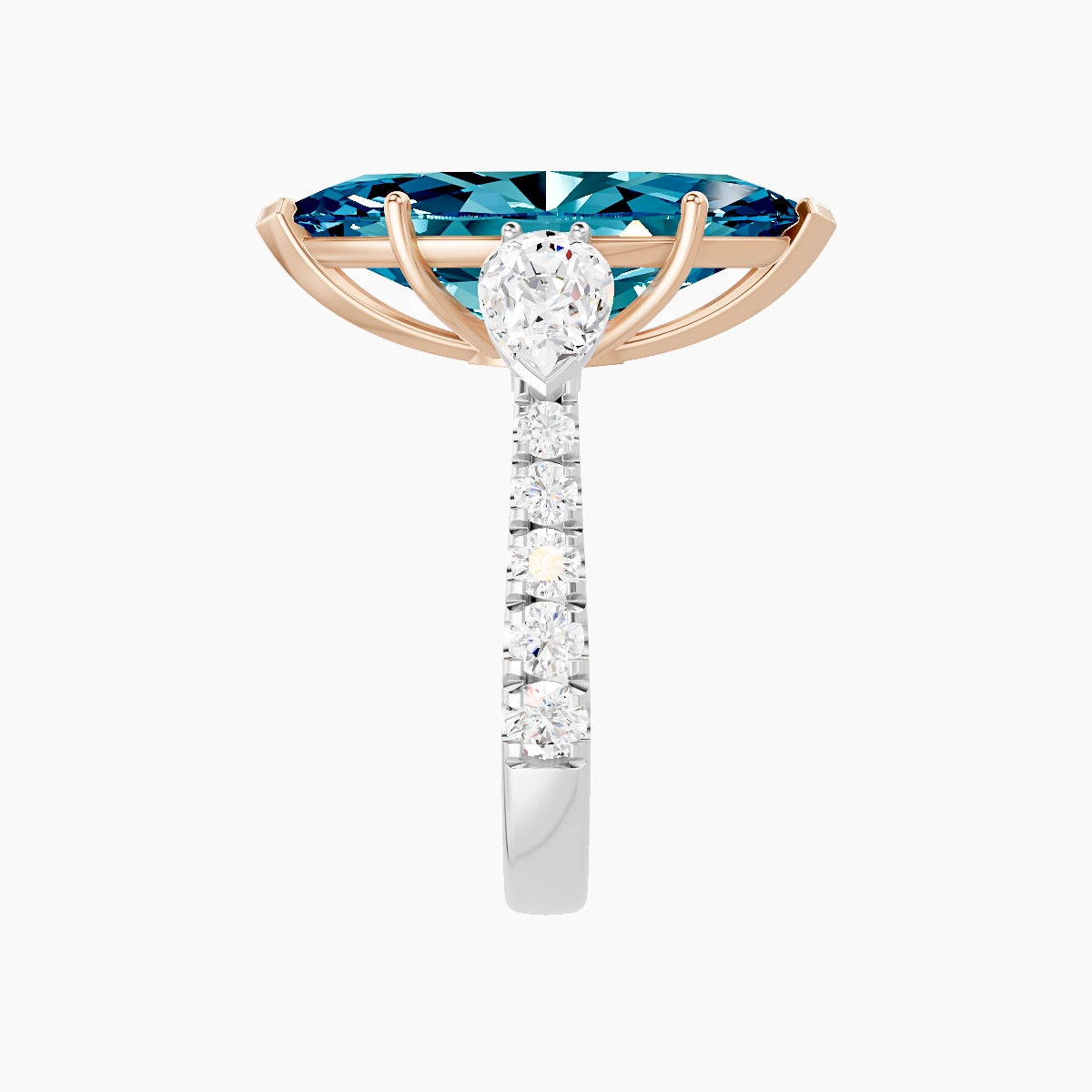 Classic Pear Trilogy with Reverse Shank | 18k White & Rose Gold 5 ct Marquise Blue Lab Diamond Ring