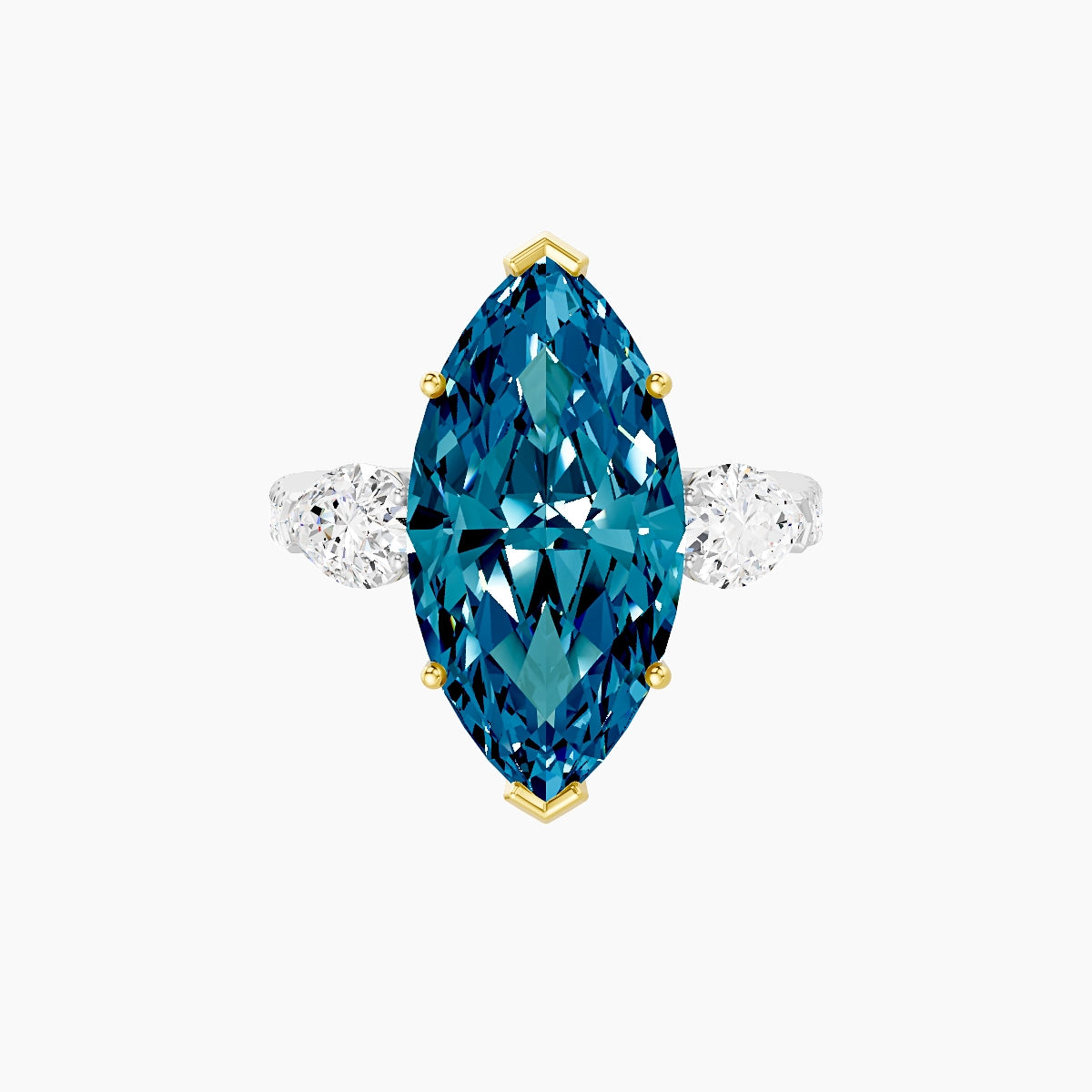 Classic Pear Trilogy with Reverse Shank | 18k White & Yellow Gold 5 ct Marquise Blue Lab Diamond Ring