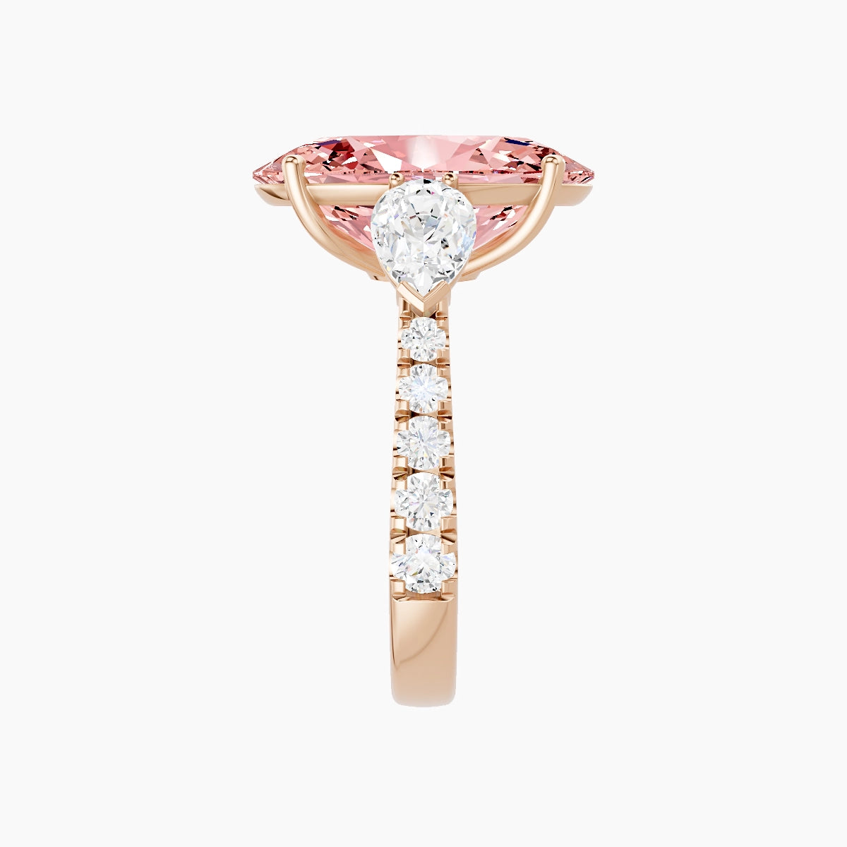 Classic Pear Trilogy with Reverse Shank | 18k Rose Gold 5 ct Oval Pink Lab Diamond Ring