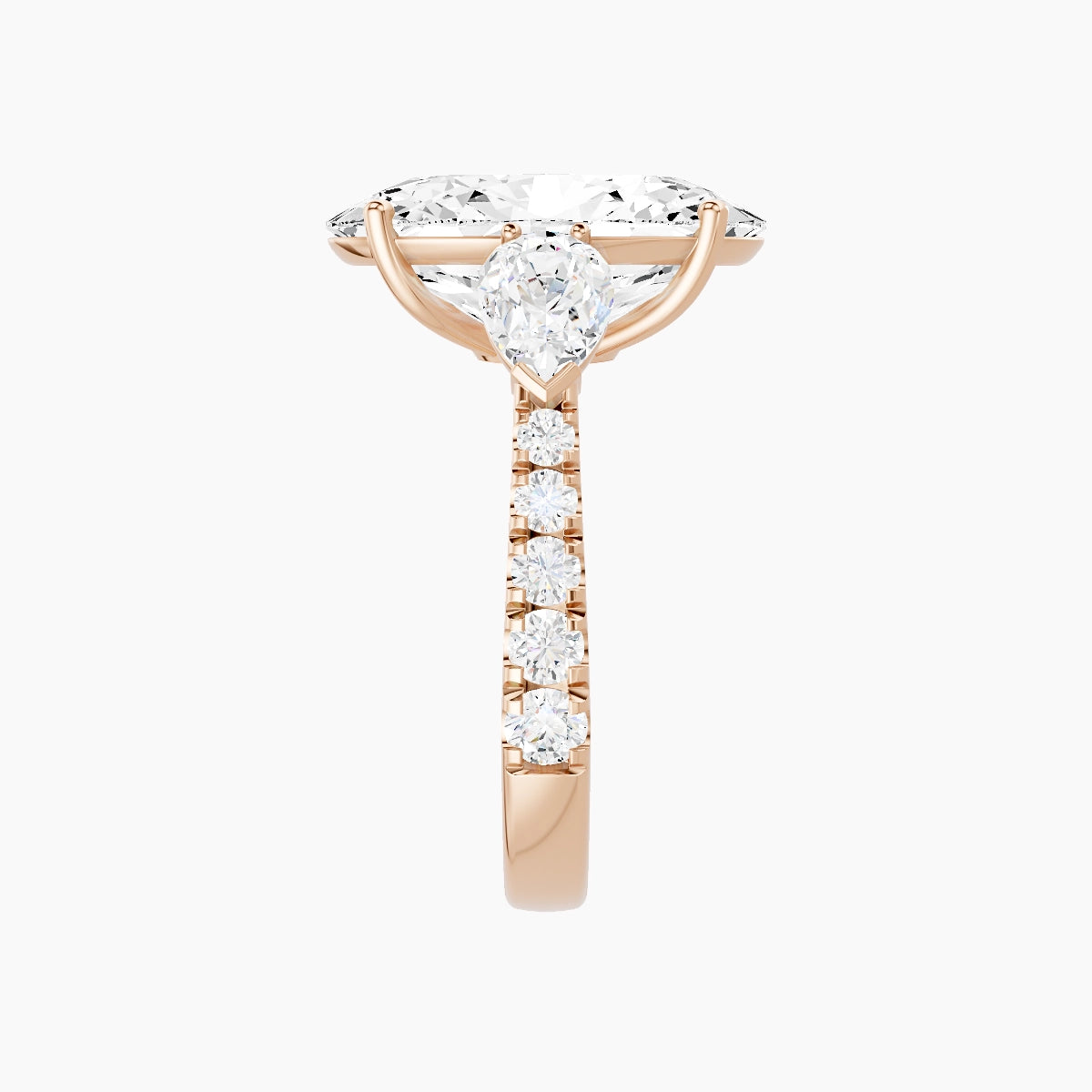 Classic Pear Trilogy with Reverse Shank | 18k Rose Gold 5 ct Oval White Lab Diamond Ring