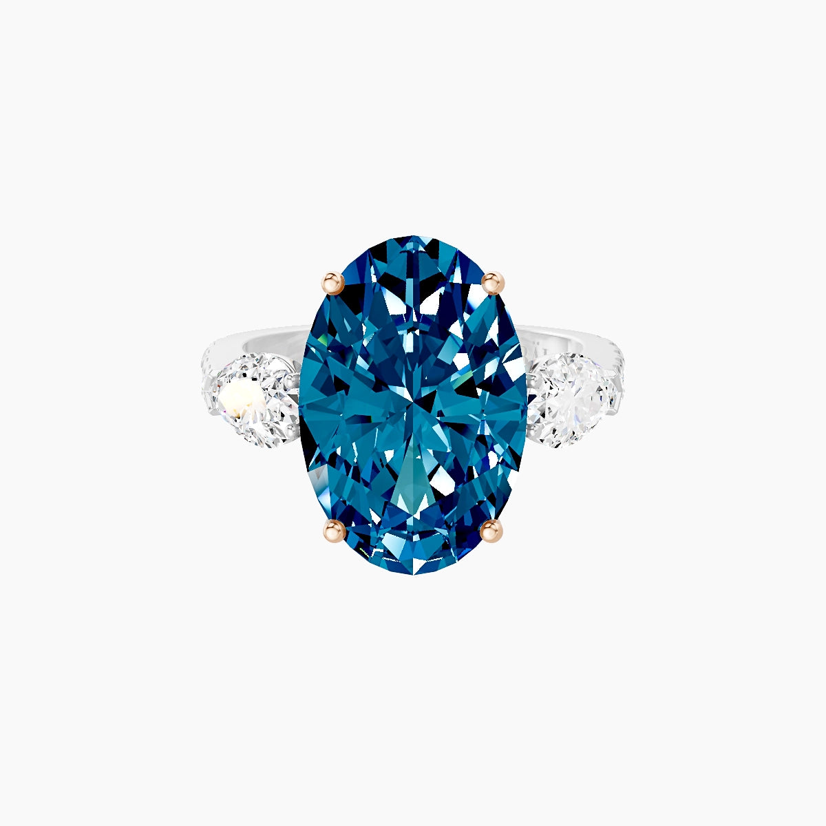 Classic Pear Trilogy with Reverse Shank | 18k White & Rose Gold 5 ct Oval Blue Lab Diamond Ring