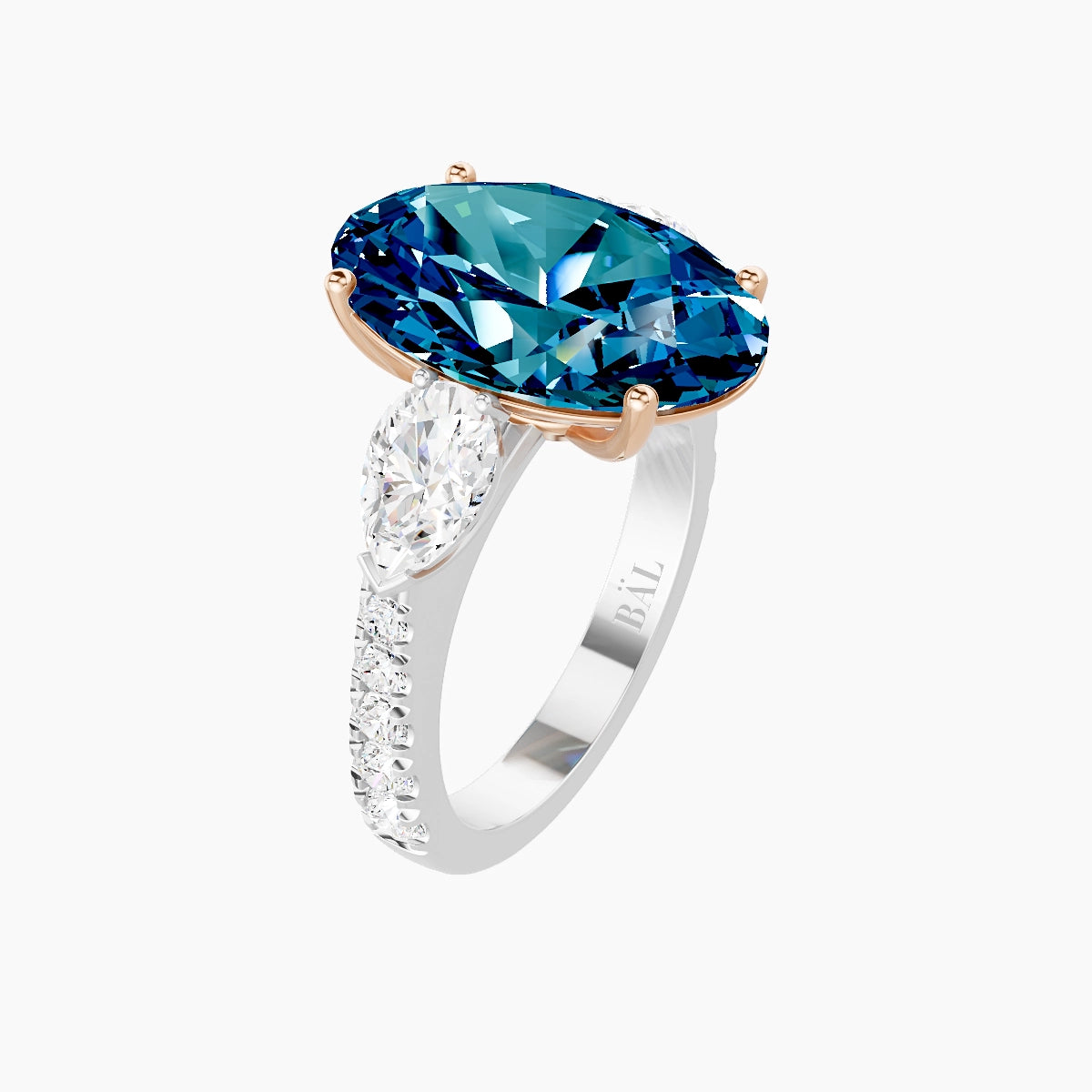 Classic Pear Trilogy with Reverse Shank | 18k White & Rose Gold 5 ct Oval Blue Lab Diamond Ring