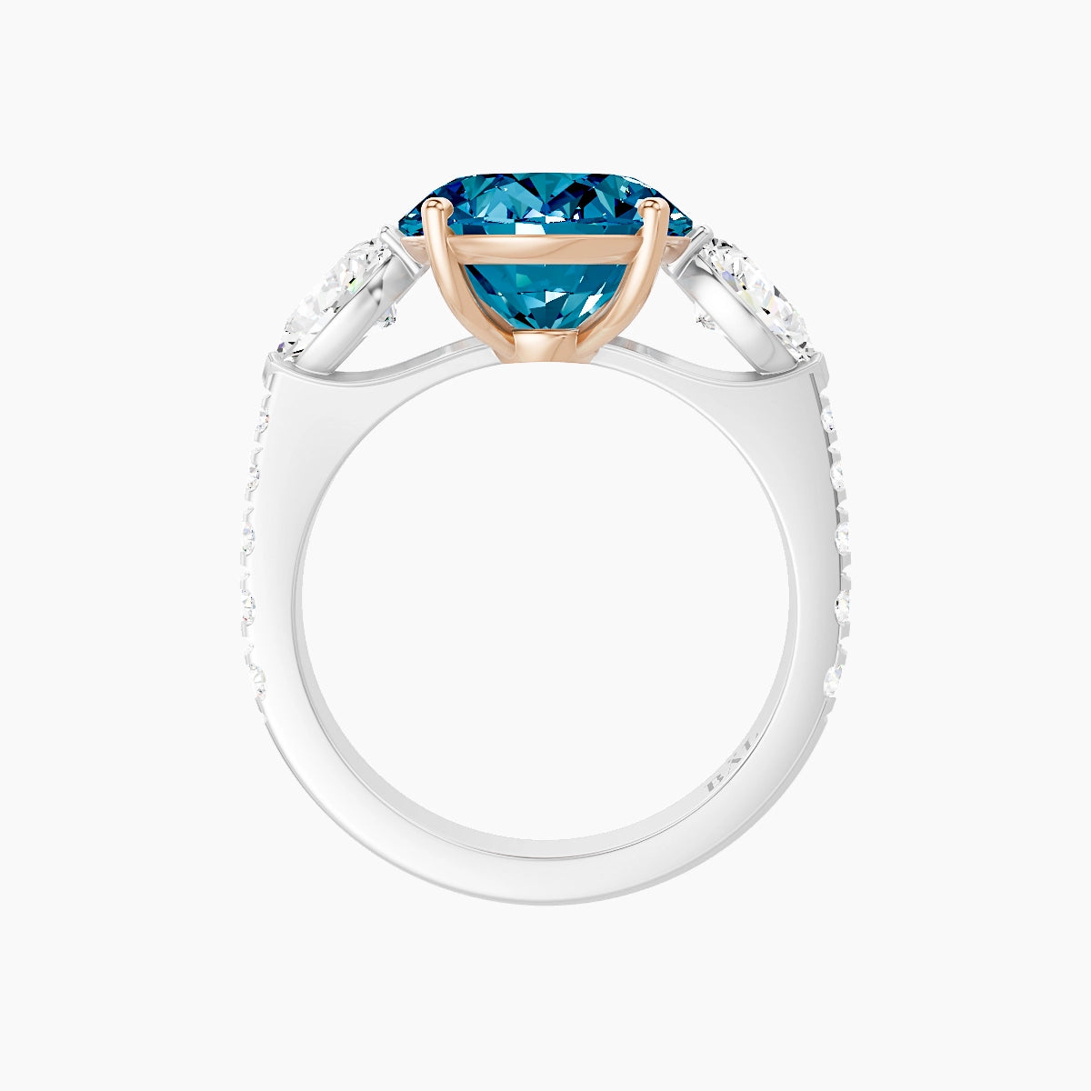 Classic Pear Trilogy with Reverse Shank | 18k White & Rose Gold 5 ct Oval Blue Lab Diamond Ring