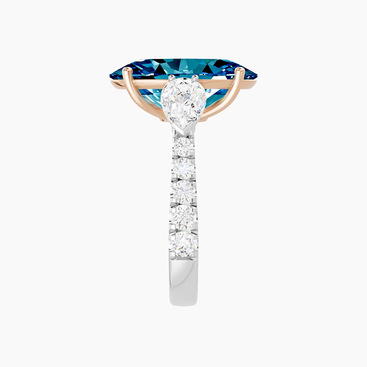 Classic Pear Trilogy with Reverse Shank | 18k White & Rose Gold 5 ct Oval Blue Lab Diamond Ring