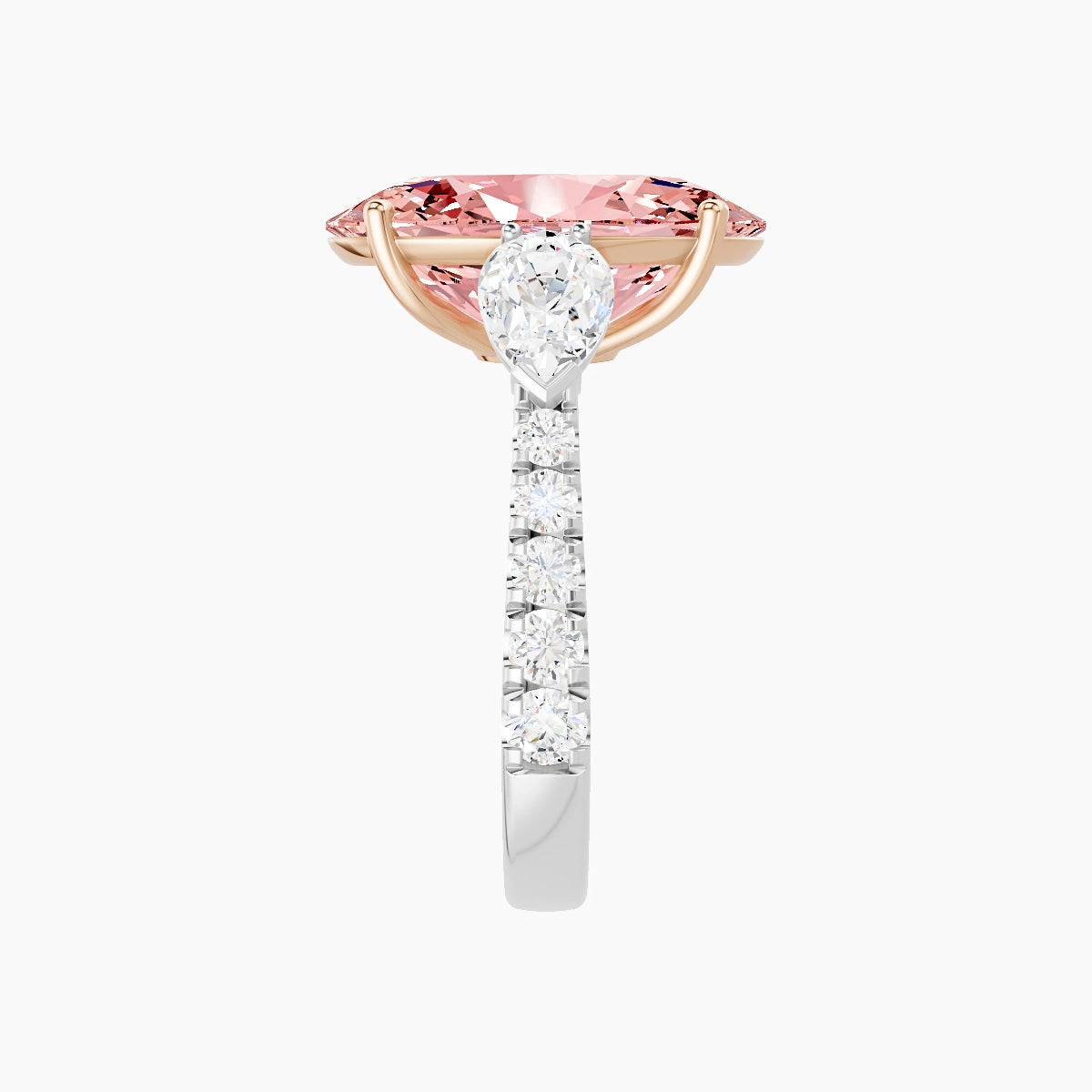 Classic Pear Trilogy with Reverse Shank | 18k White & Rose Gold 5 ct Oval Pink Lab Diamond Ring