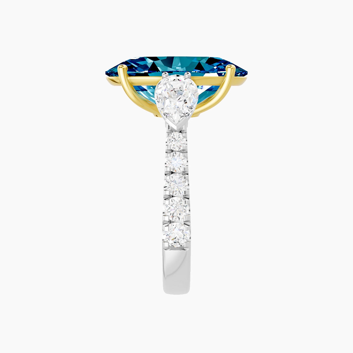 Classic Pear Trilogy with Reverse Shank | 18k White & Yellow Gold 5 ct Oval Blue Lab Diamond Ring