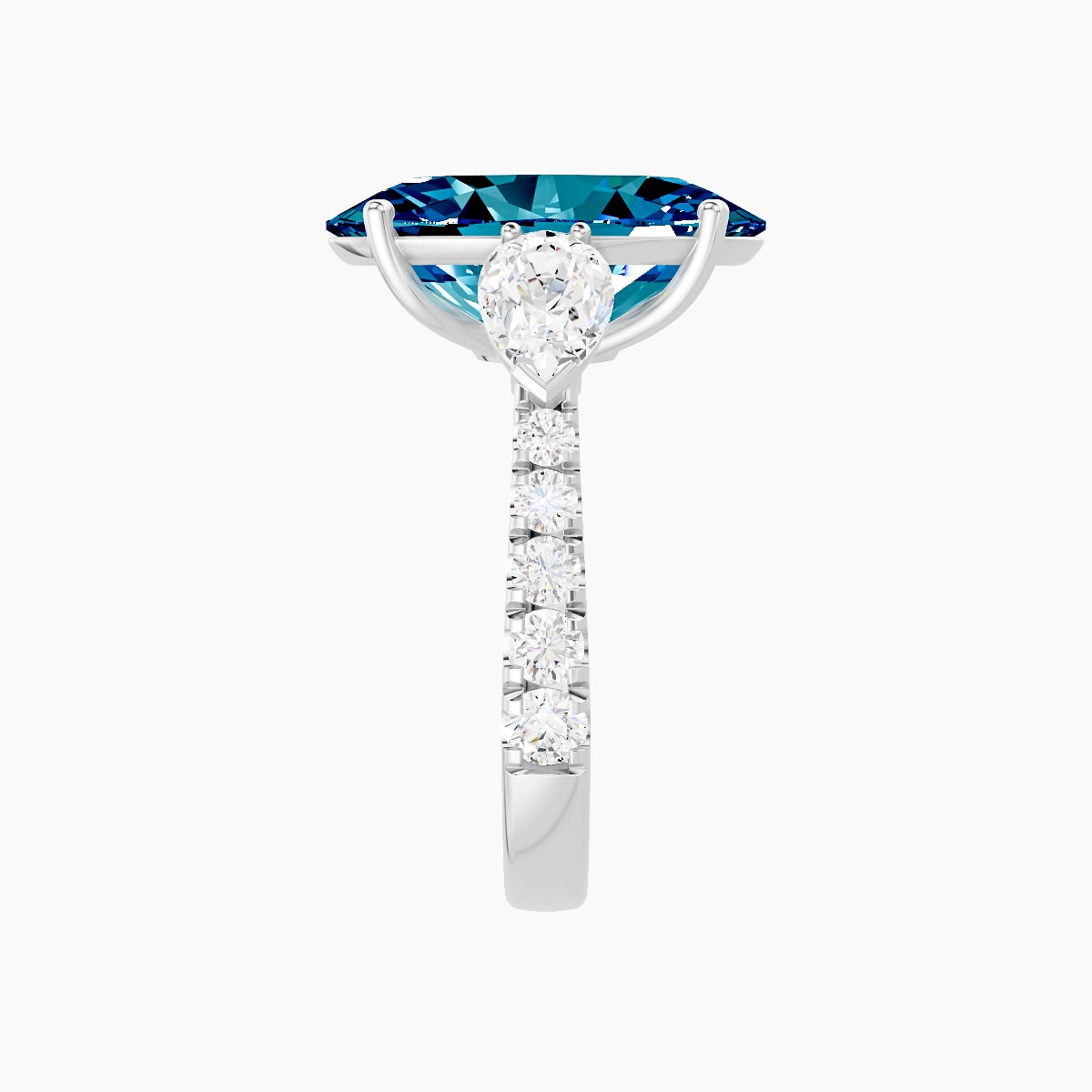 Classic Pear Trilogy with Reverse Shank | 18k White Gold 5 ct Oval Blue Lab Diamond Ring