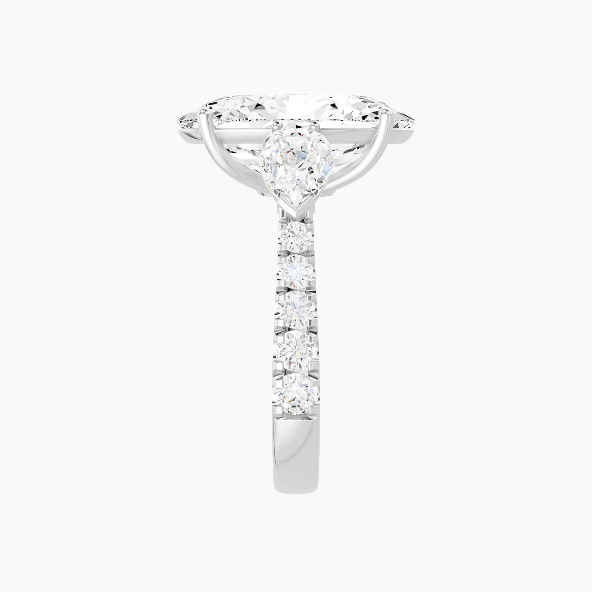 Classic Pear Trilogy with Reverse Shank | 18k White Gold 5 ct Oval White Lab Diamond Ring