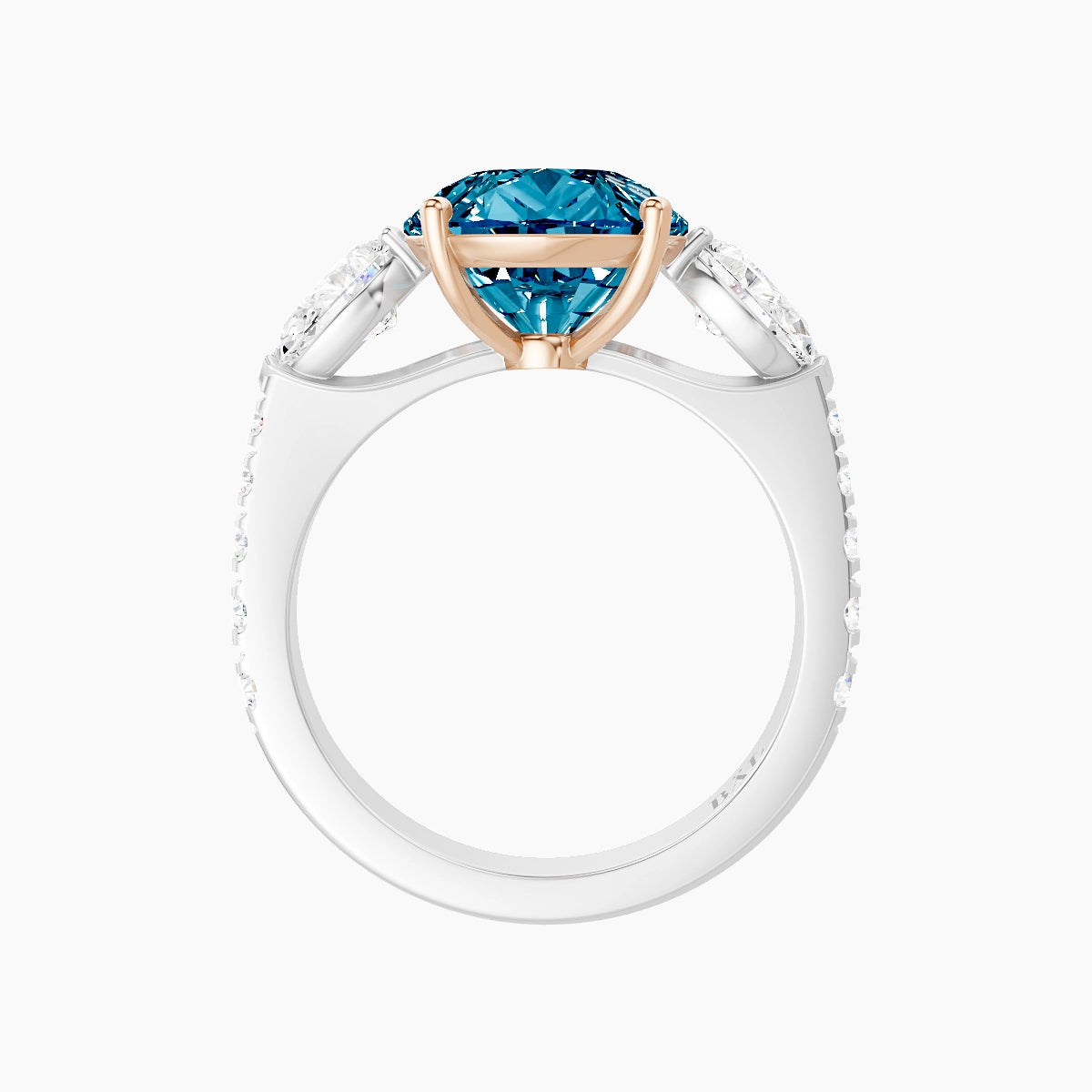 Classic Pear Trilogy with Reverse Shank | 18k White & Rose Gold 5 ct Pear Blue Lab Diamond Ring