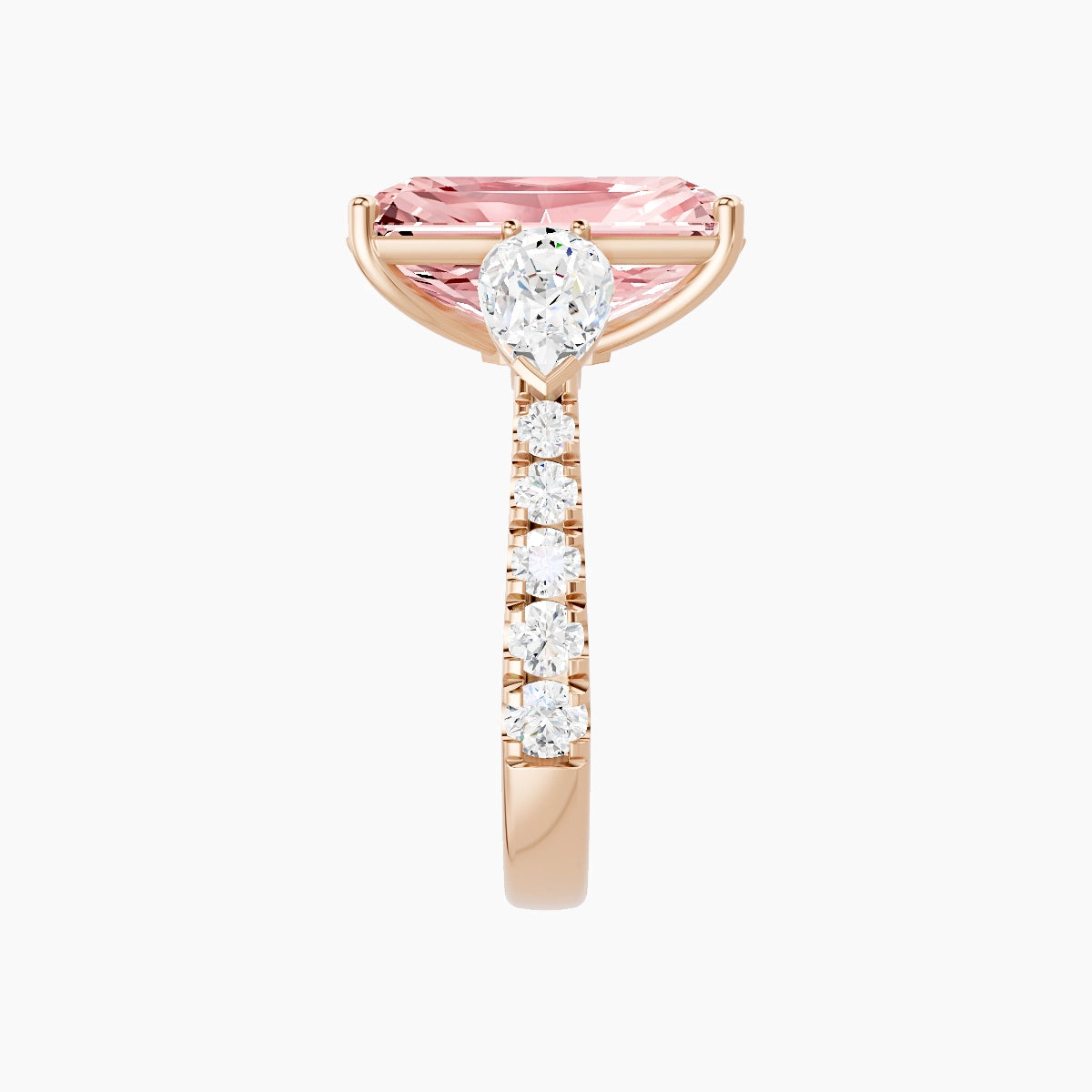 Classic Pear Trilogy with Reverse Shank | 18k Rose Gold 5 ct Radiant Pink Lab Diamond Ring