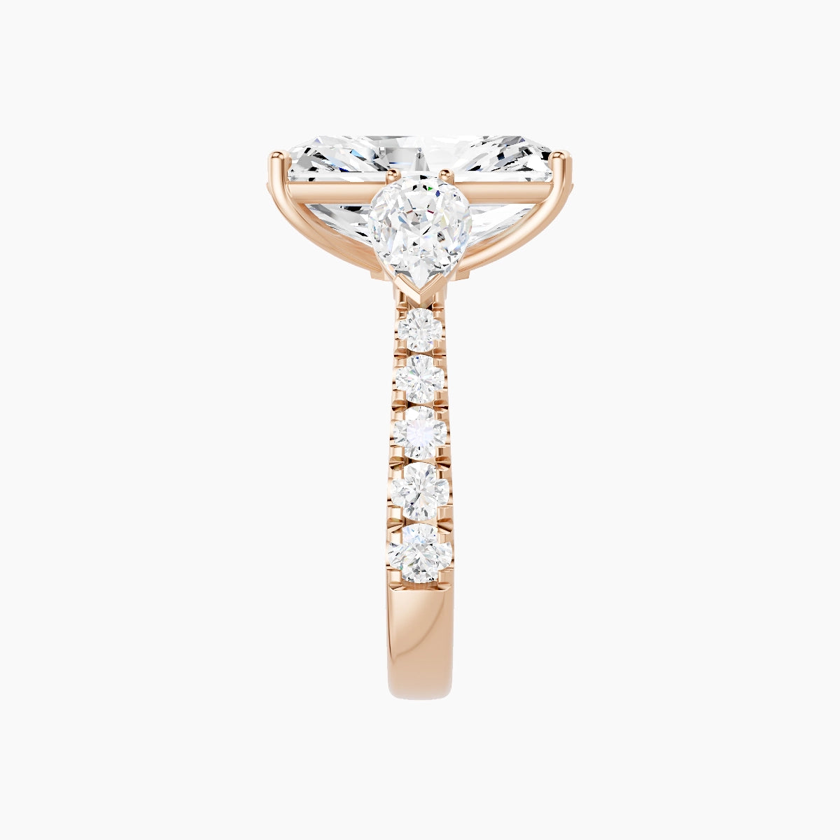 Classic Pear Trilogy with Reverse Shank | 18k Rose Gold 5 ct Radiant White Lab Diamond Ring