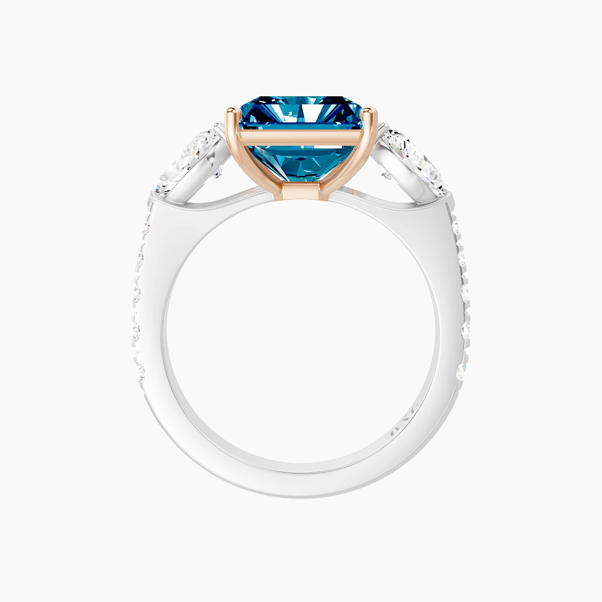 Classic Pear Trilogy with Reverse Shank | 18k White & Rose Gold 5 ct Radiant Blue Lab Diamond Ring