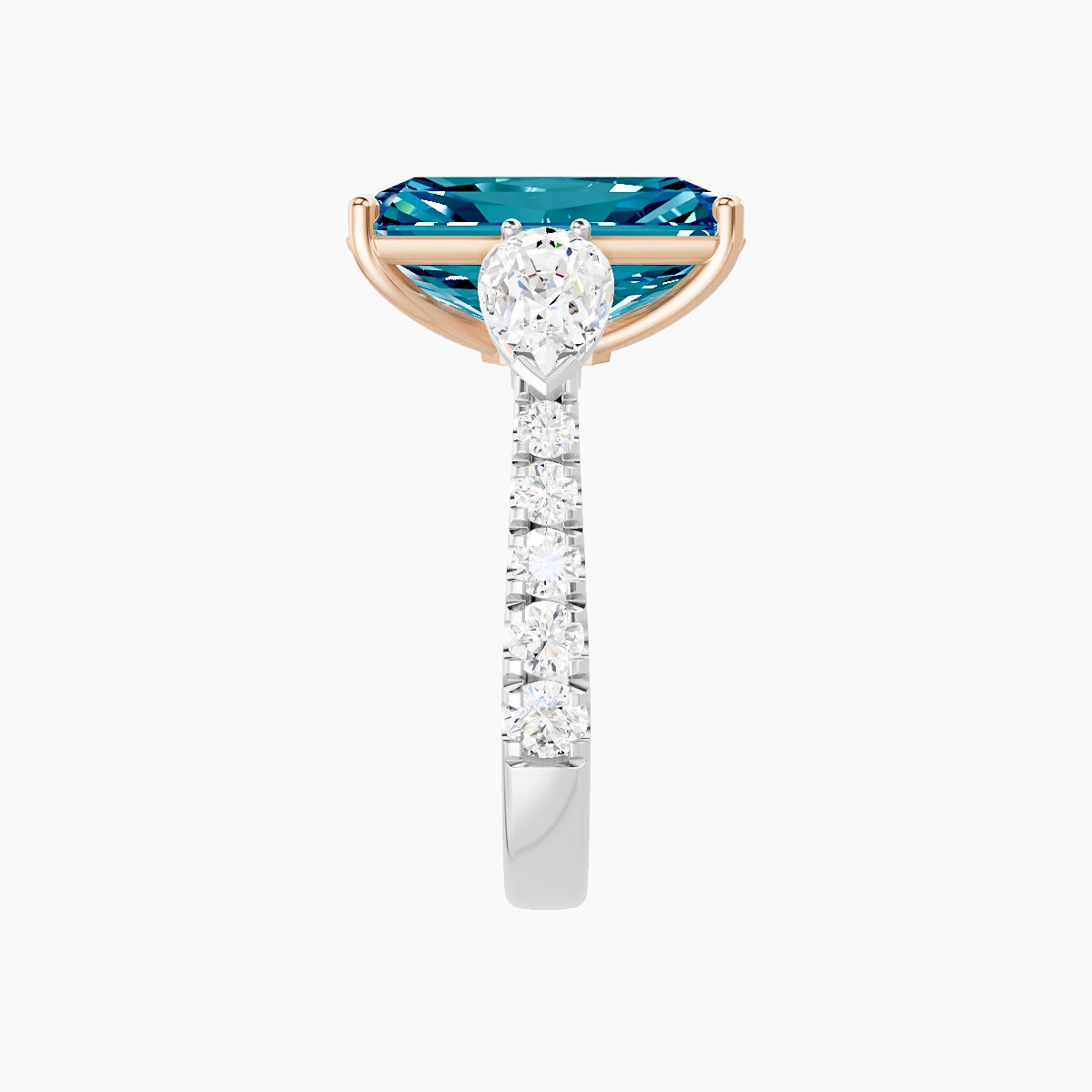 Classic Pear Trilogy with Reverse Shank | 18k White & Rose Gold 5 ct Radiant Blue Lab Diamond Ring