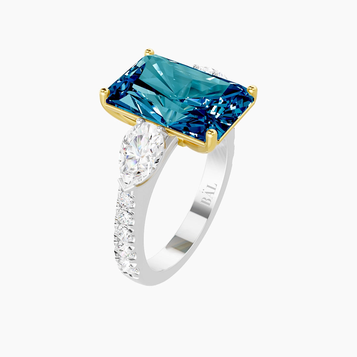 Classic Pear Trilogy with Reverse Shank | 18k White & Yellow Gold 5 ct Radiant Blue Lab Diamond Ring