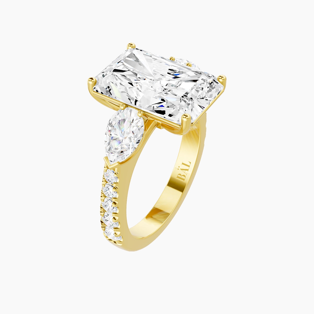 Classic Pear Trilogy with Reverse Shank | 18k Yellow Gold 5 ct Radiant White Lab Diamond Ring