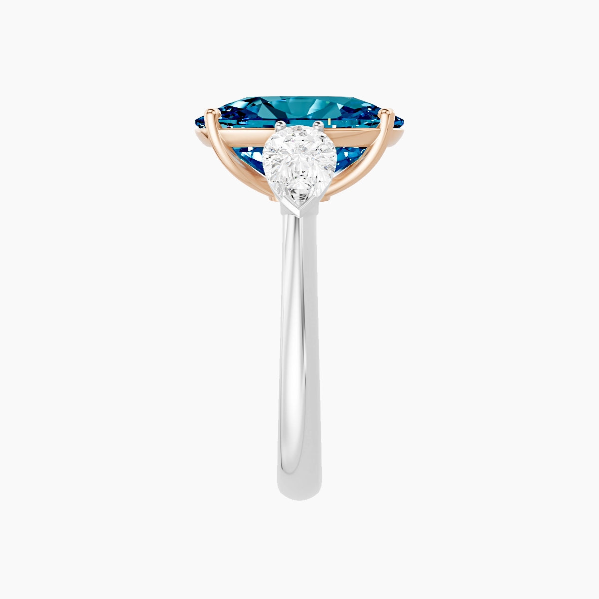 Classic Pear Trilogy | 18k White & Rose Gold 5 ct Cushion Blue Lab Diamond Ring
