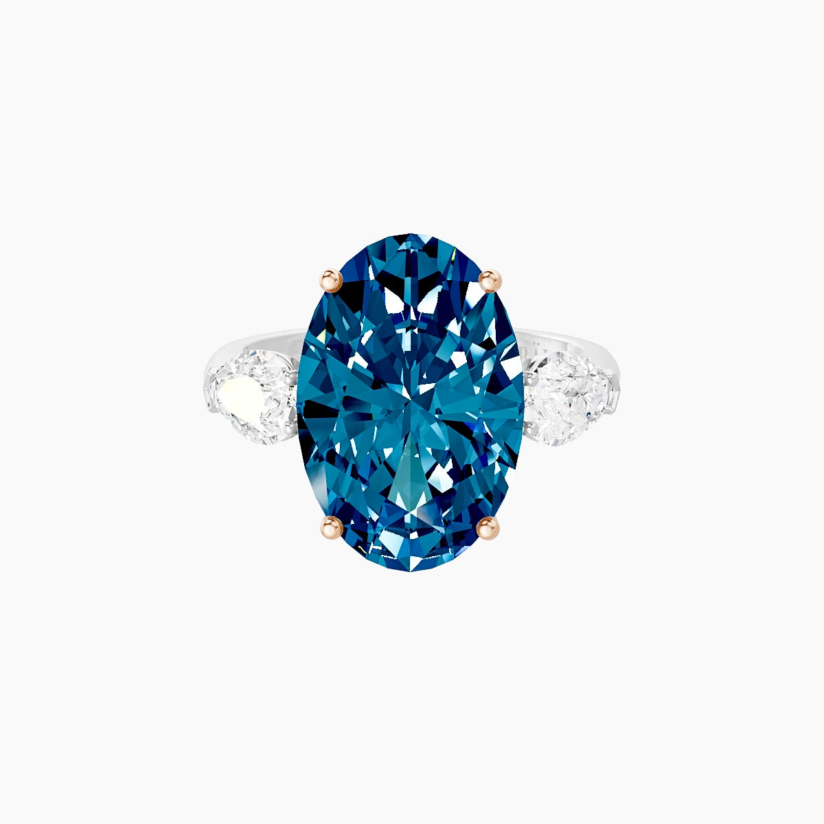 Classic Pear Trilogy | 18k White & Rose Gold 5 ct Oval Blue Lab Diamond Ring