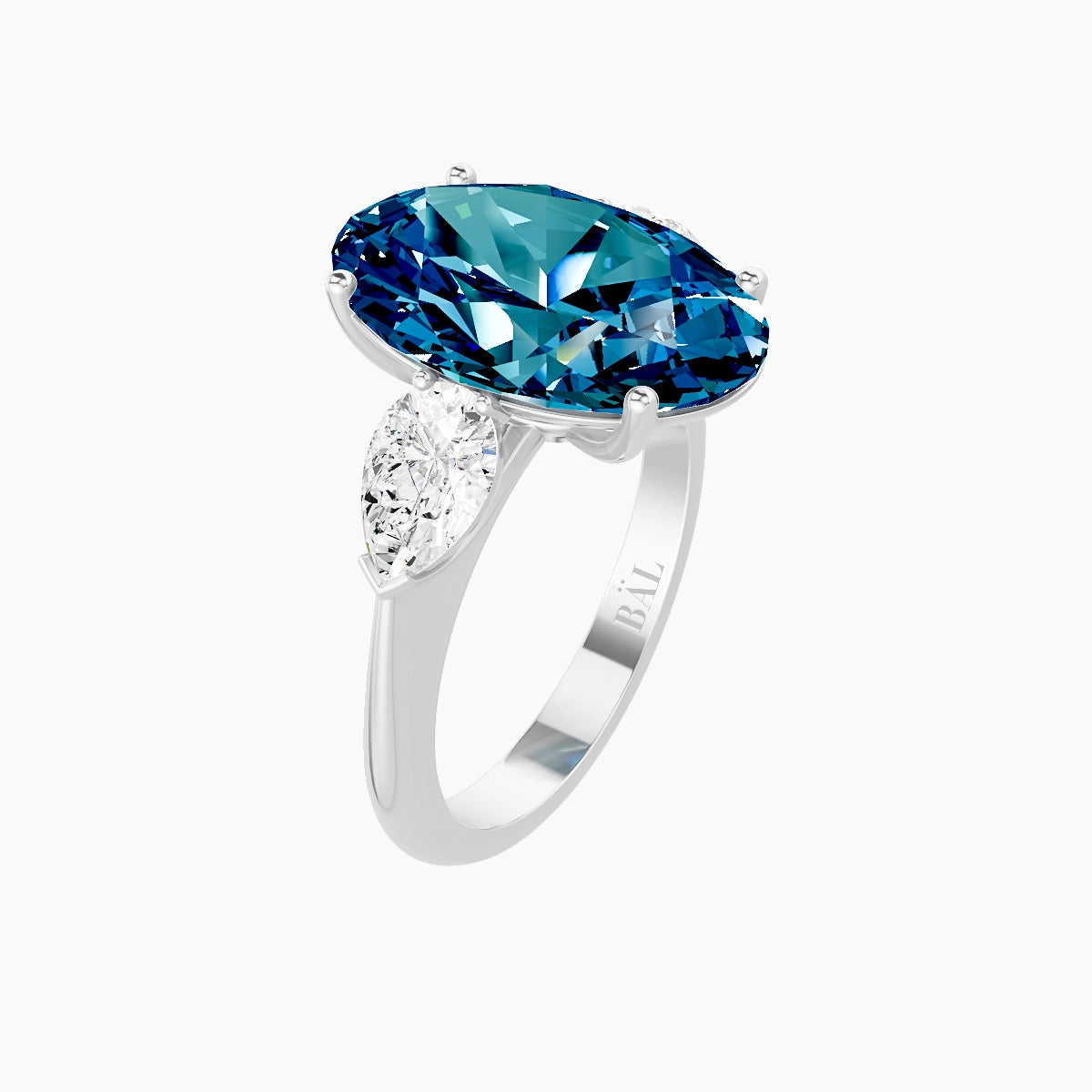 Classic Pear Trilogy | 18k White Gold 5 ct Oval Blue Lab Diamond Ring