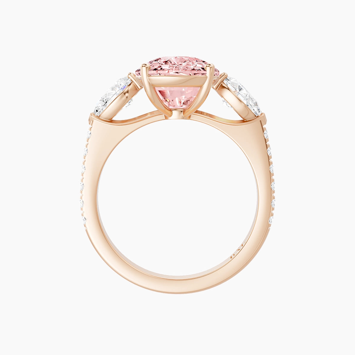 Classic Pear Trilogy with Straight Shank | 18k Rose Gold 5 ct Cushion Pink Lab Diamond Ring