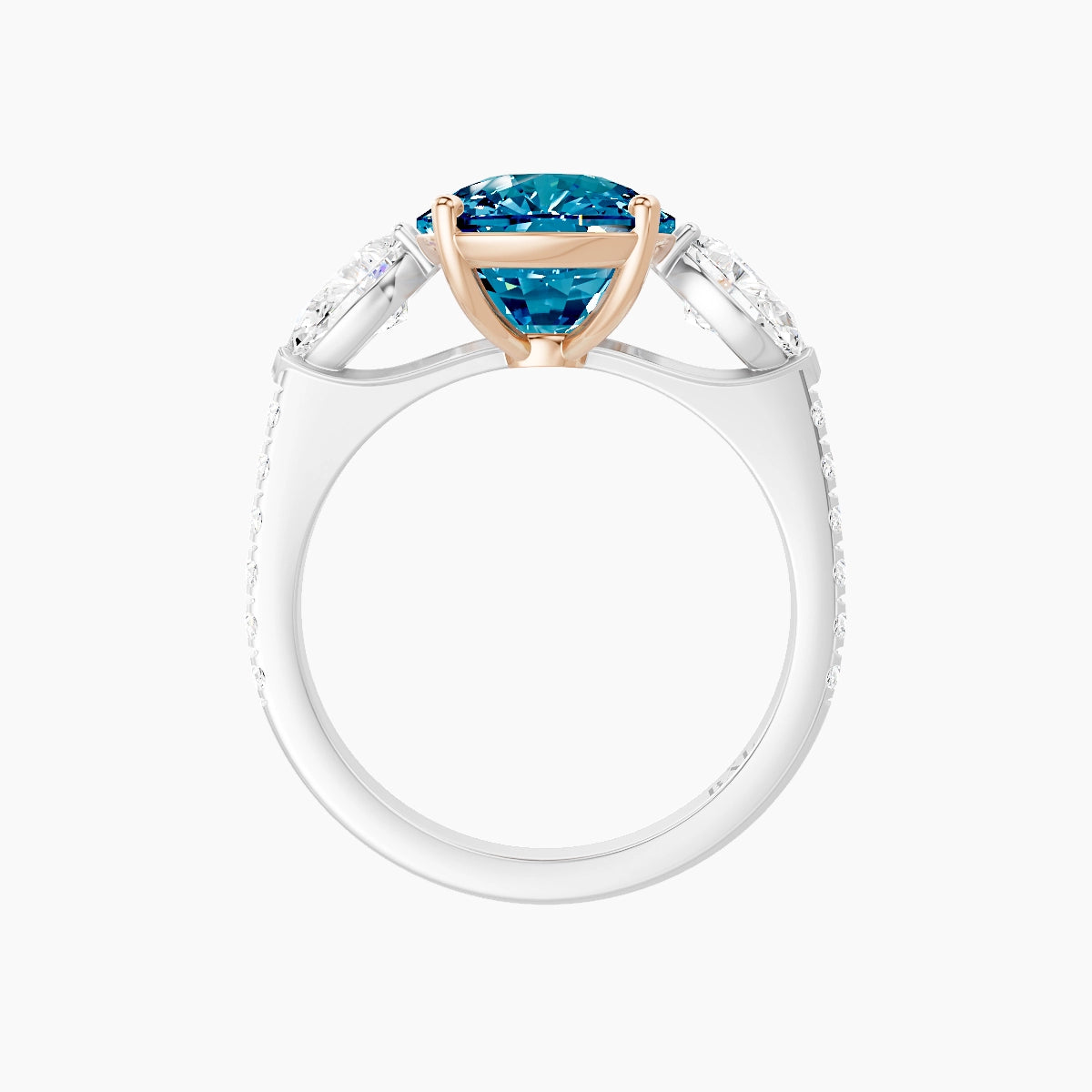 Classic Pear Trilogy with Straight Shank | 18k White & Rose Gold 5 ct Cushion Blue Lab Diamond Ring
