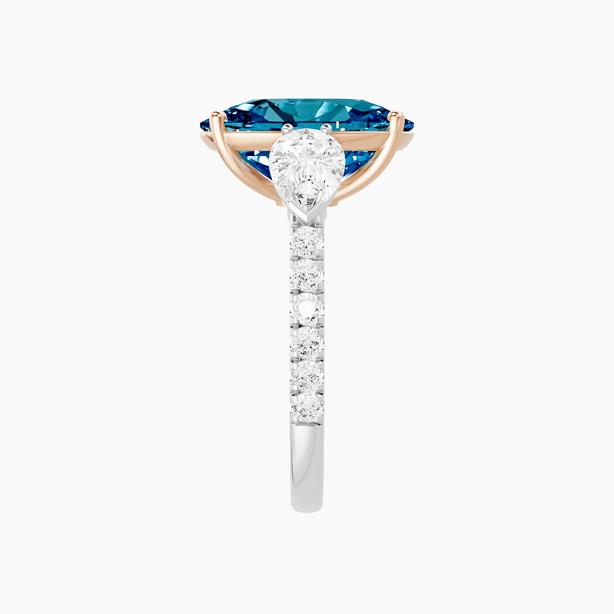 Classic Pear Trilogy with Straight Shank | 18k White & Rose Gold 5 ct Cushion Blue Lab Diamond Ring