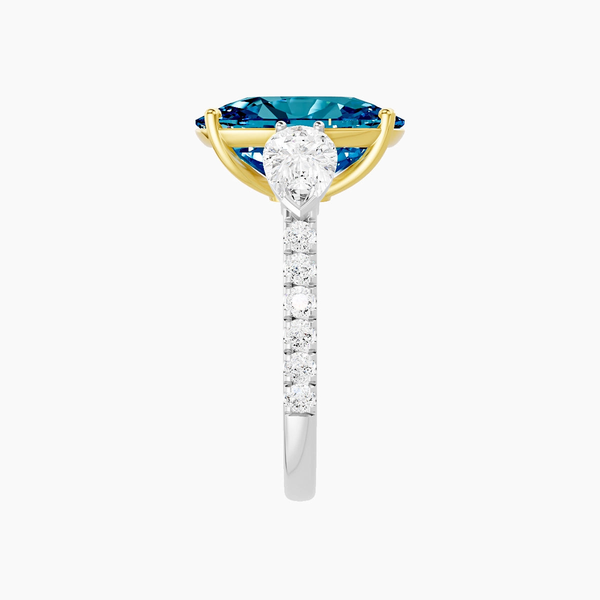 Classic Pear Trilogy with Straight Shank | 18k White & Yellow Gold 5 ct Cushion Blue Lab Diamond Ring