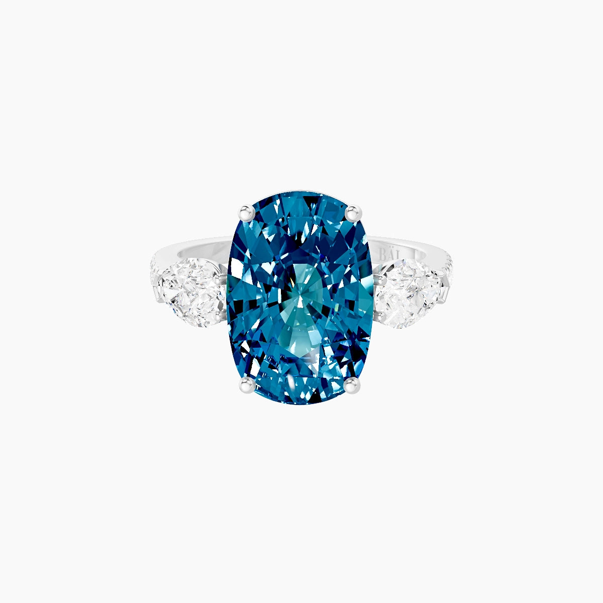 Classic Pear Trilogy with Straight Shank | 18k White Gold 5 ct Cushion Blue Lab Diamond Ring