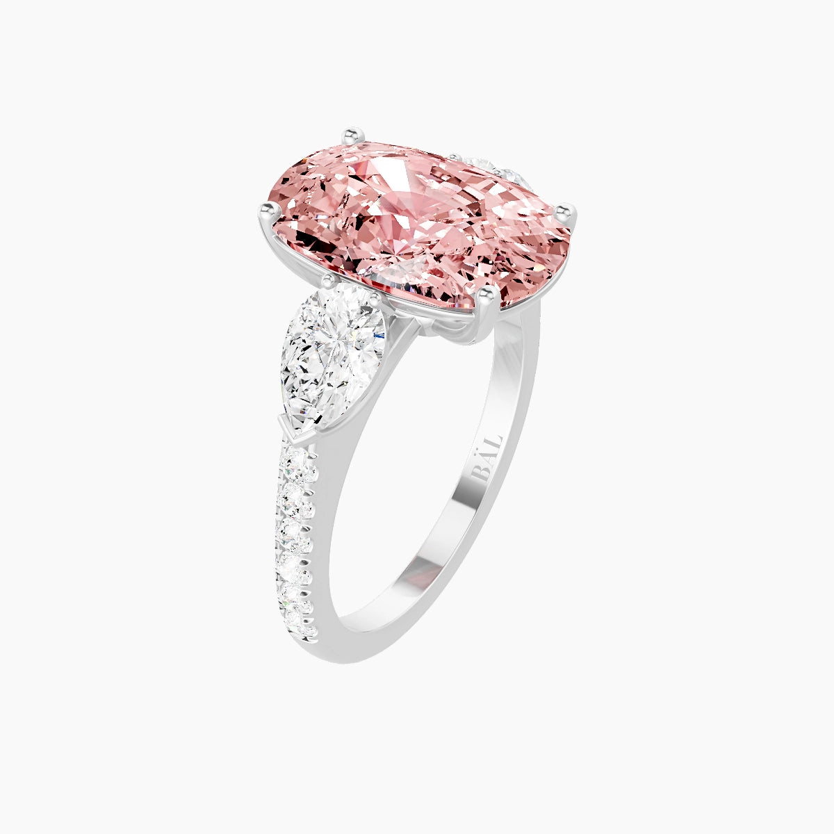 Classic Pear Trilogy with Straight Shank | 18k White Gold 5 ct Cushion Pink Lab Diamond Ring