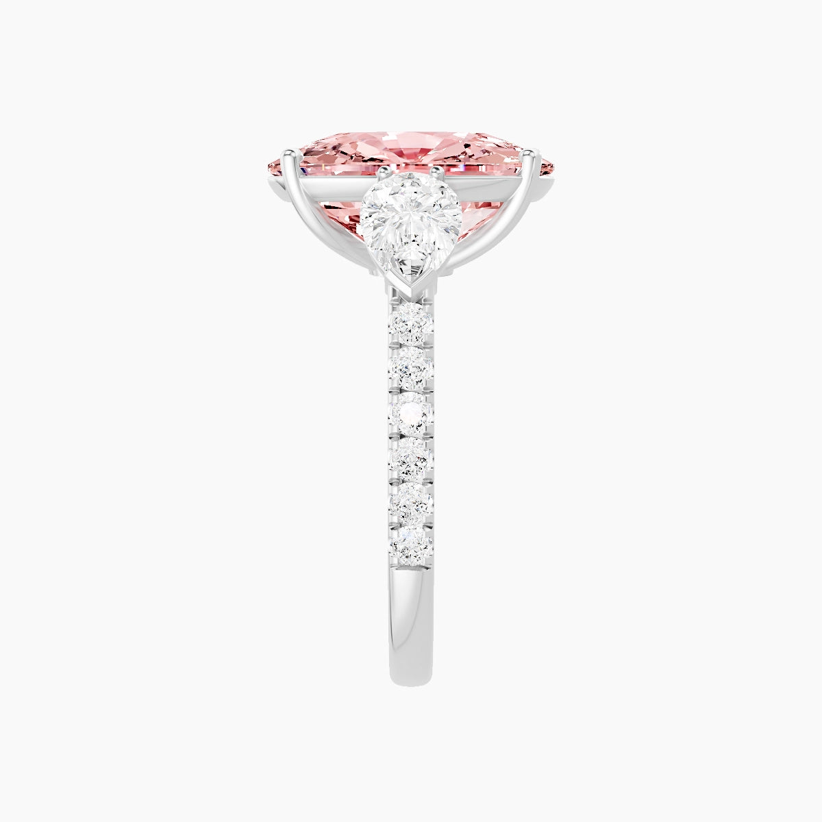Classic Pear Trilogy with Straight Shank | 18k White Gold 5 ct Cushion Pink Lab Diamond Ring