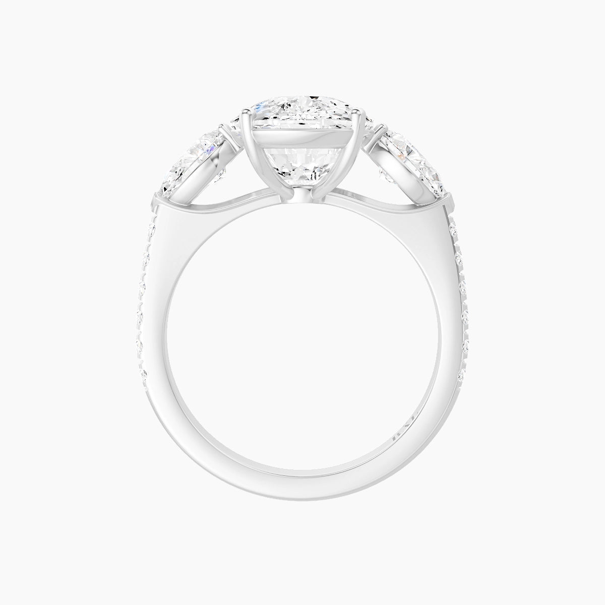 Classic Pear Trilogy with Straight Shank | 18k White Gold 5 ct Cushion White Lab Diamond Ring