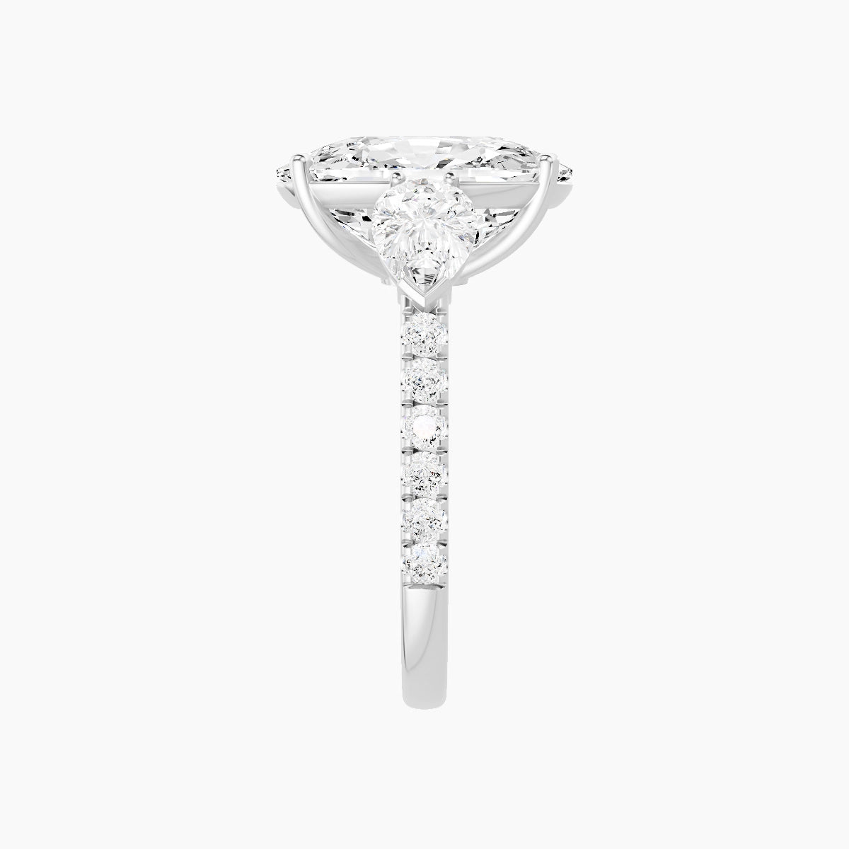 Classic Pear Trilogy with Straight Shank | 18k White Gold 5 ct Cushion White Lab Diamond Ring