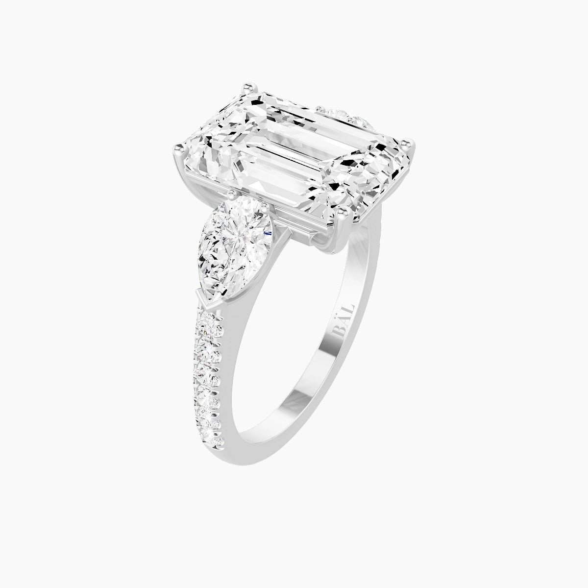 Classic Pear Trilogy with Straight Shank | 18k White Gold 5 ct Emerald White Lab Diamond Ring