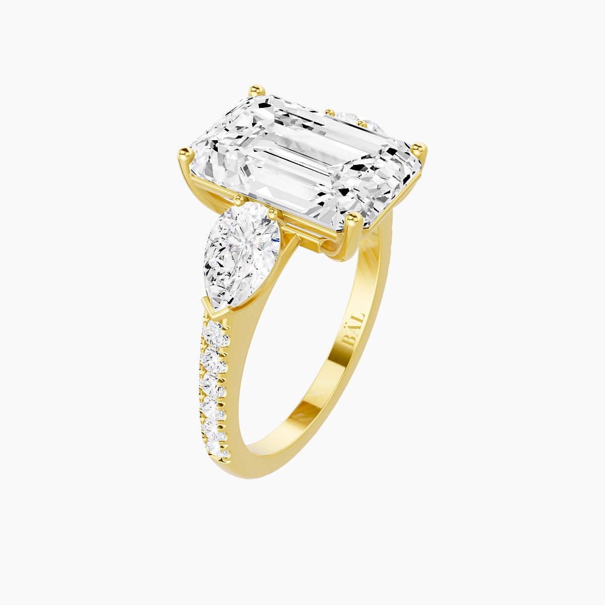 Classic Pear Trilogy with Straight Shank | 18k Yellow Gold 5 ct Emerald White Lab Diamond Ring