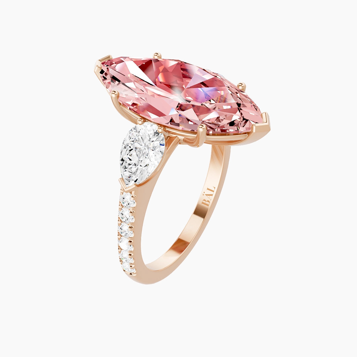 Classic Pear Trilogy with Straight Shank | 18k Rose Gold 5 ct Marquise Pink Lab Diamond Ring