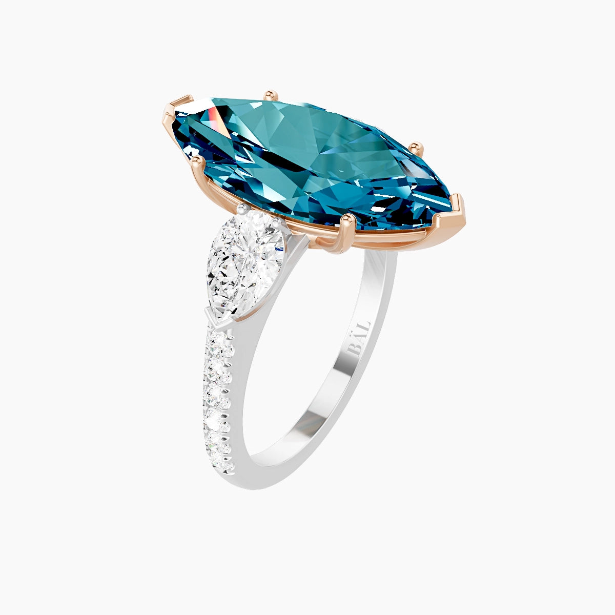 Classic Pear Trilogy with Straight Shank | 18k White & Rose Gold 5 ct Marquise Blue Lab Diamond Ring