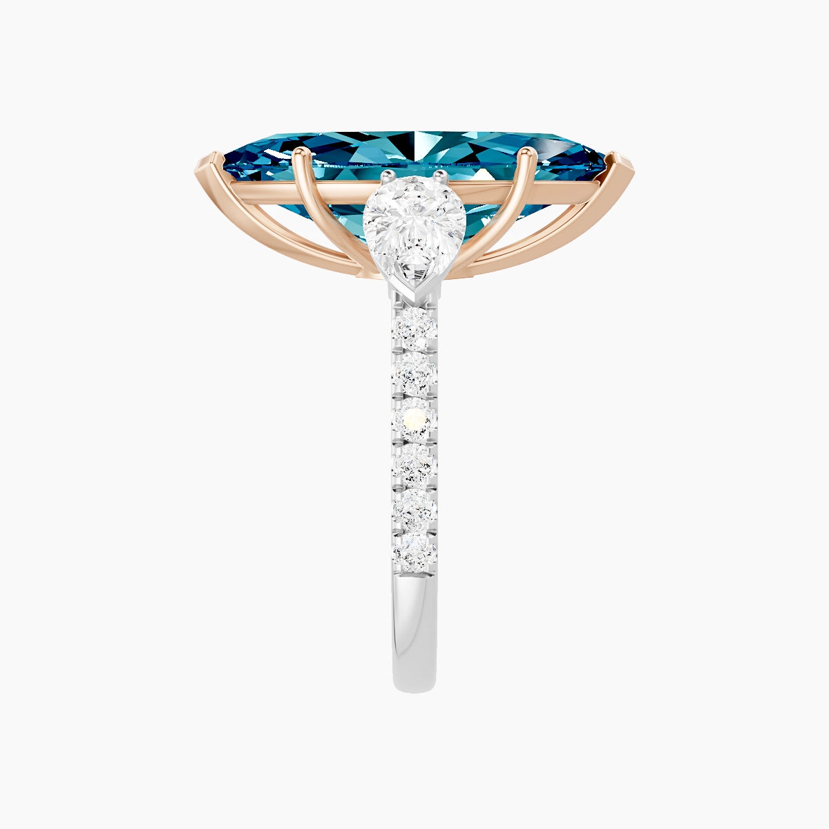 Classic Pear Trilogy with Straight Shank | 18k White & Rose Gold 5 ct Marquise Blue Lab Diamond Ring