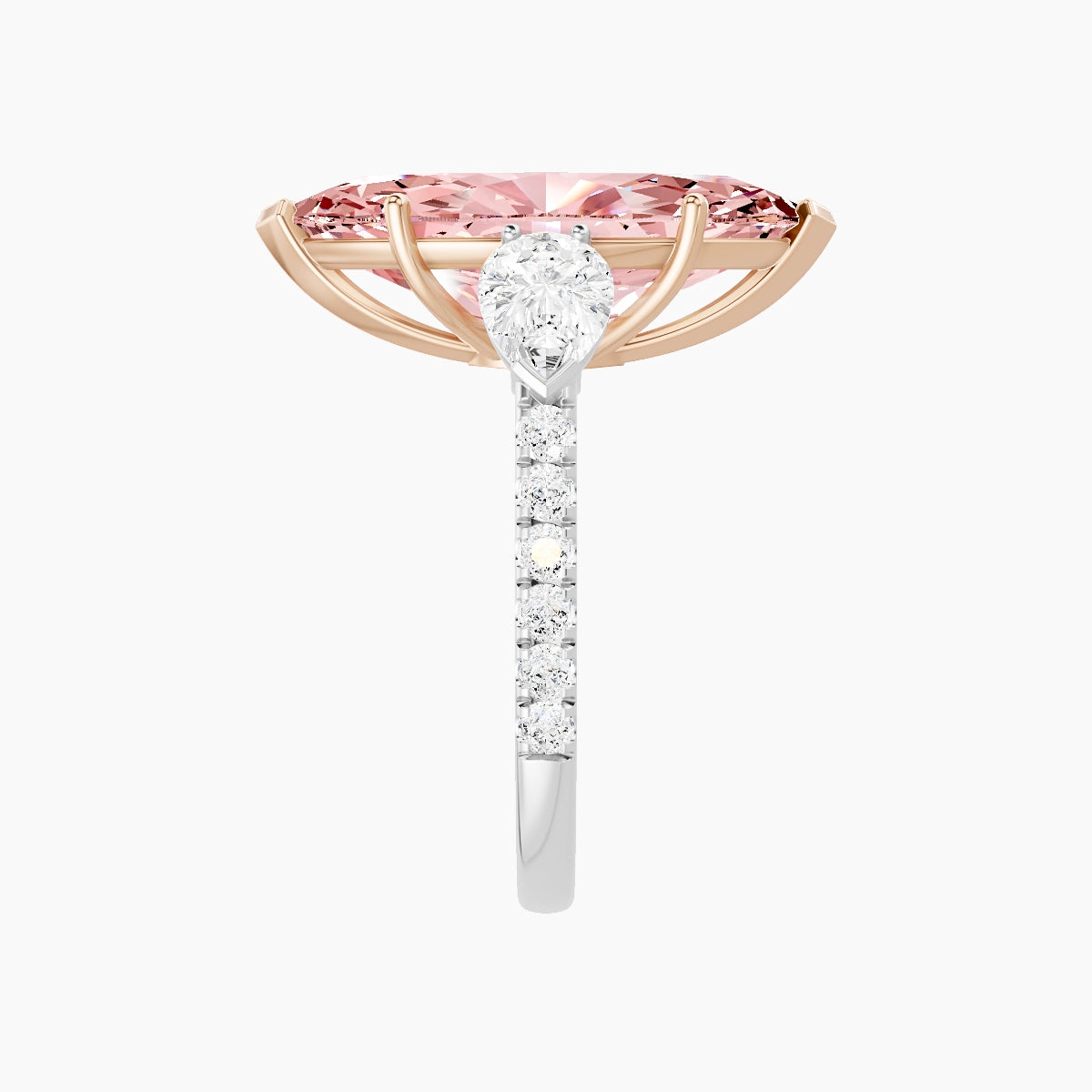 Classic Pear Trilogy with Straight Shank | 18k White & Rose Gold 5 ct Marquise Pink Lab Diamond Ring