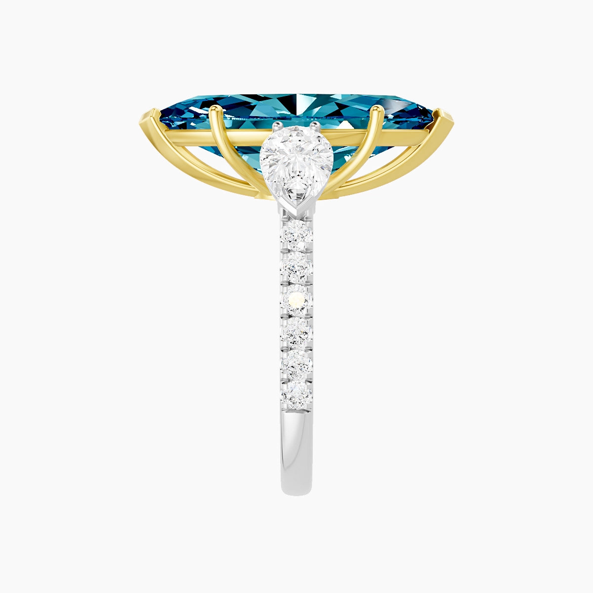 Classic Pear Trilogy with Straight Shank | 18k White & Yellow Gold 5 ct Marquise Blue Lab Diamond Ring