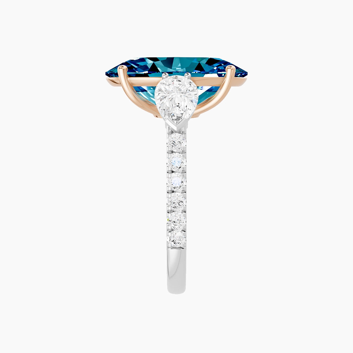 Classic Pear Trilogy with Straight Shank | 18k White & Rose Gold 5 ct Oval Blue Lab Diamond Ring